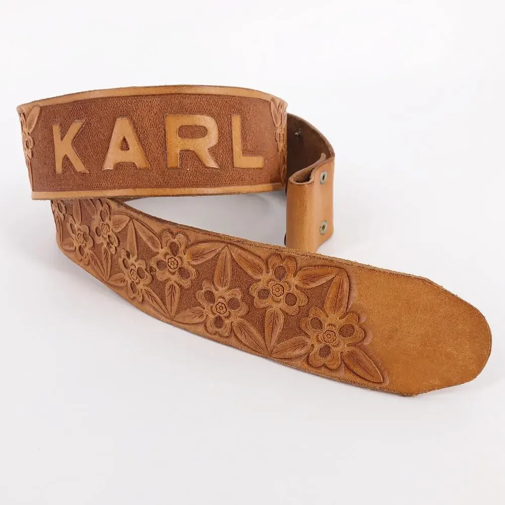floral tooled wide leather belt personalized with Karl